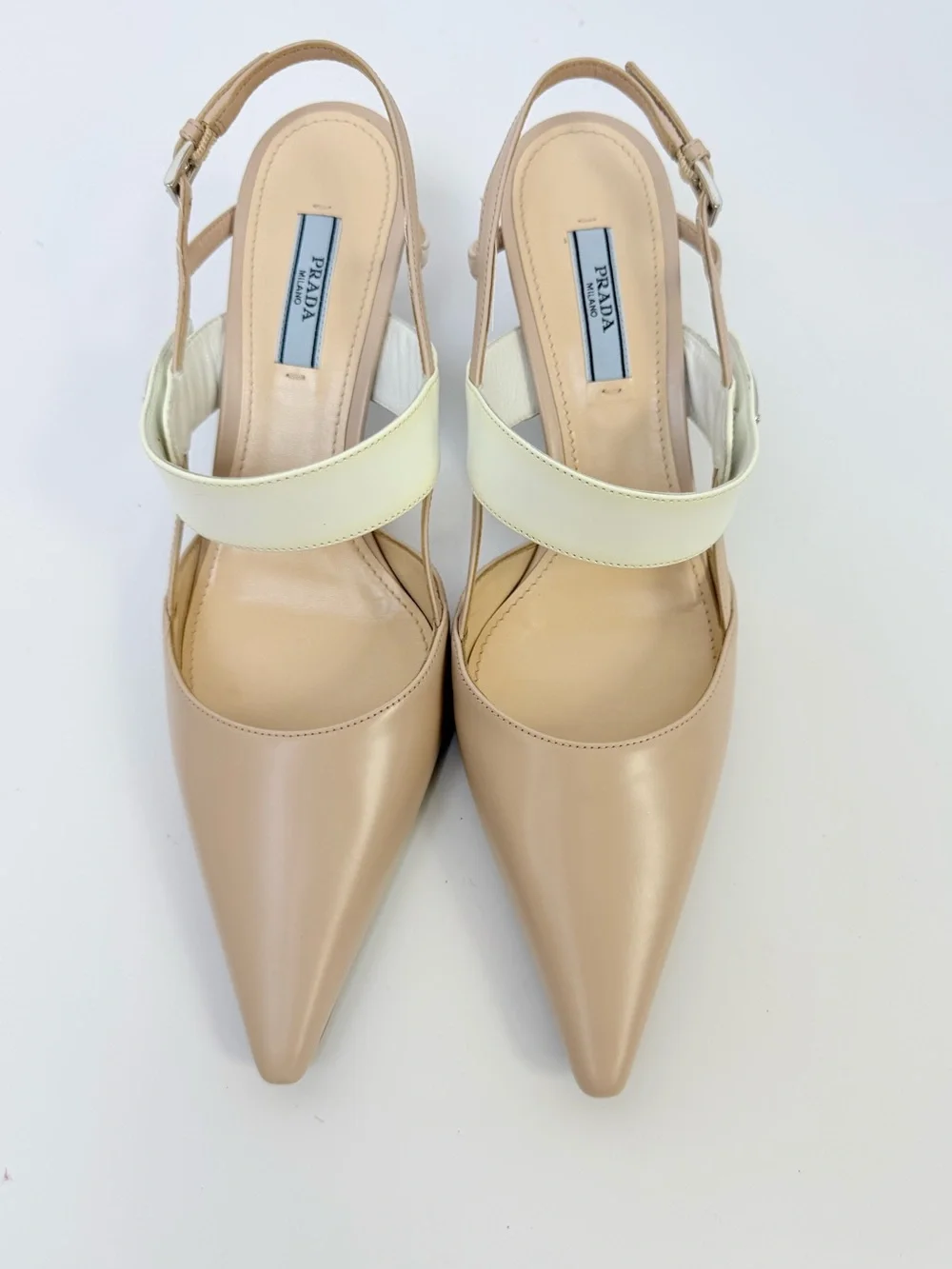 Prada Triangle Logo Mary Jane Slingback Nude Ivory Leather Heel pumps EU 38.5